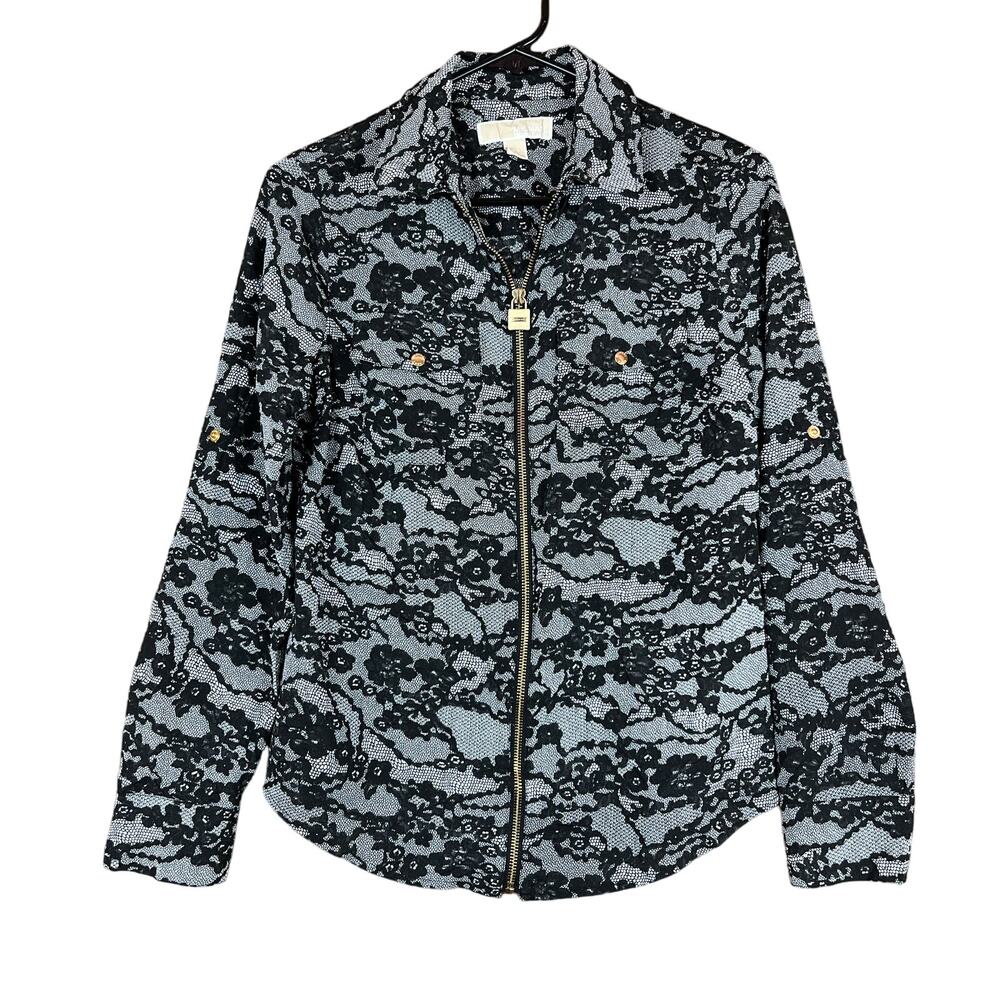 Michael Kors Womens Blouse Black White Floral Lace Full Zip Collared XS